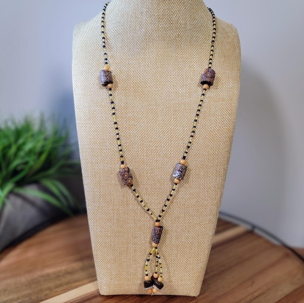 Slip on seed and African Trade Bead Tassel Necklace